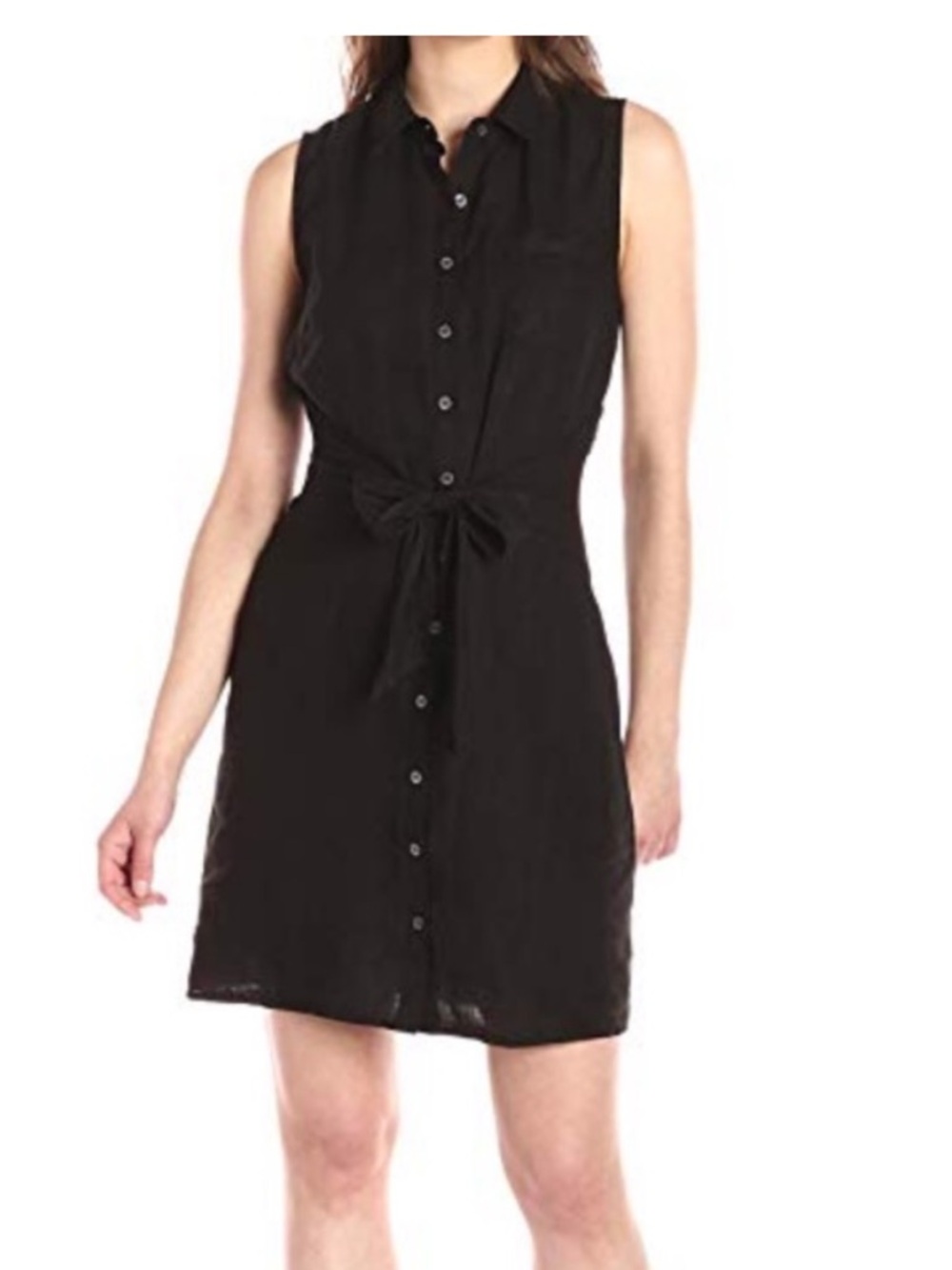 NEW THREE DOTS LINEN TIE FRONT BUTTON UP DRESS Sleeveless Black Size L